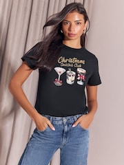 Lipsy Black Cocktail Club Christmas Embellished Crew Neck T-Shirt - Image 3 of 5