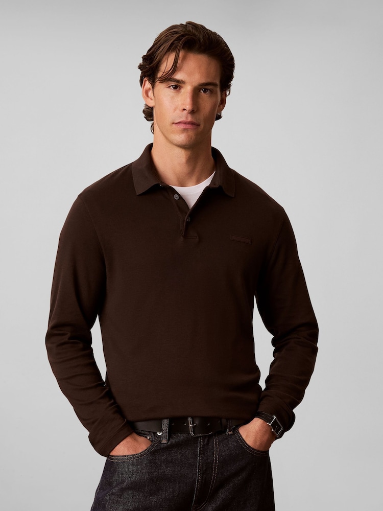 Grey - Calvin Klein Slim Cotton Long Sleeve Polo Shirt - Slika 1 od 6