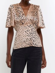 River Island Brown Angel Sleeve Low Peplum Top - Image 1 of 3