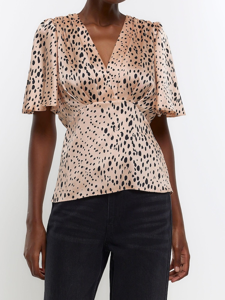 River Island Brown Angel Sleeve Low Peplum Top - Image 1 of 3