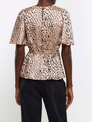 River Island Brown Angel Sleeve Low Peplum Top - Image 2 of 3