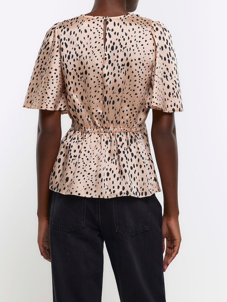 River Island Brown Angel Sleeve Low Peplum Top - Image 2 of 3