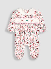 JoJo Maman Bébé Cream Robin Print Smocked Christmas Sleepsuit - Image 1 of 3