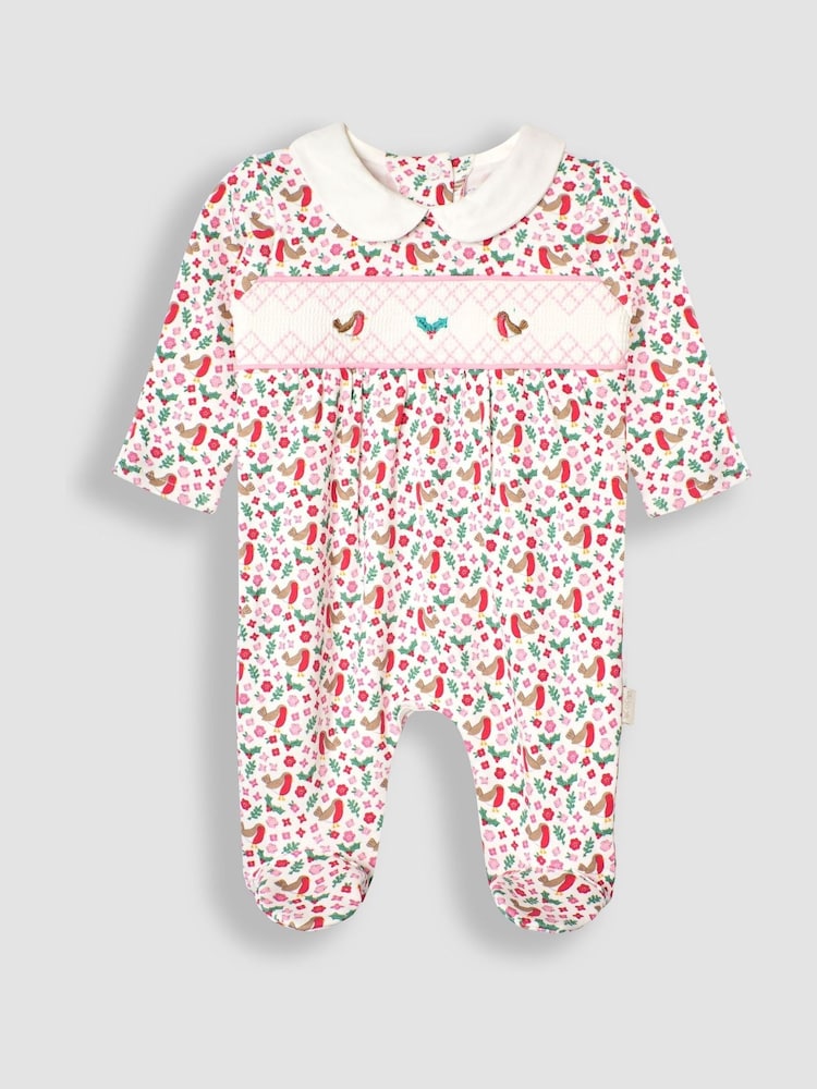 JoJo Maman Bébé Cream Robin Print Smocked Christmas Sleepsuit - Image 1 of 3