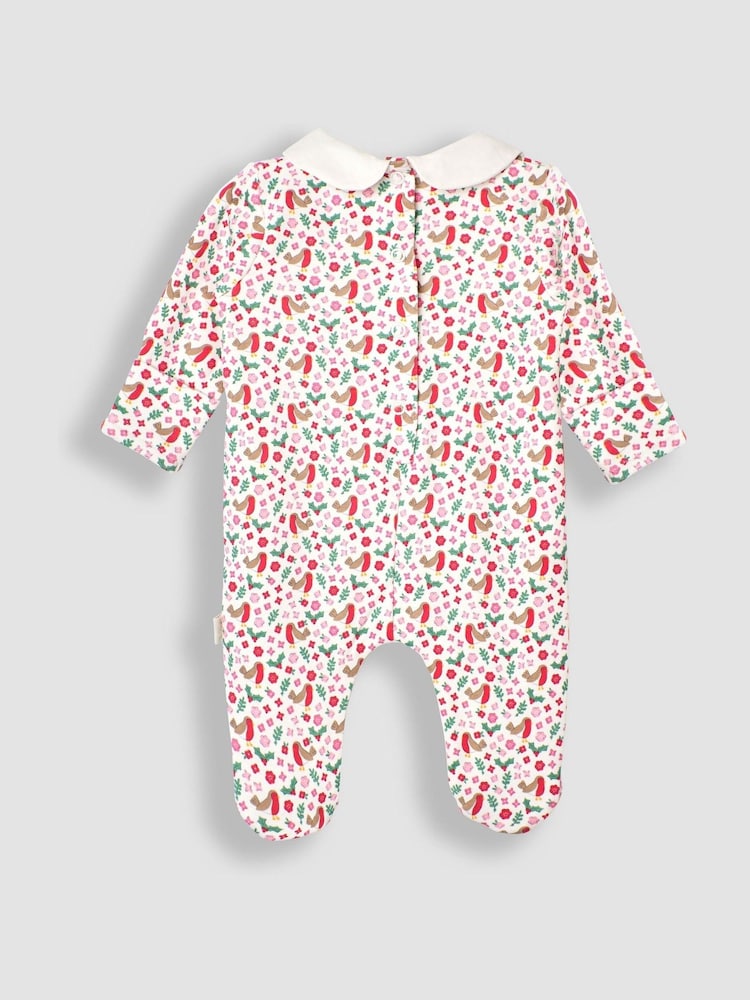 JoJo Maman Bébé Cream Robin Print Smocked Christmas Sleepsuit - Image 2 of 3