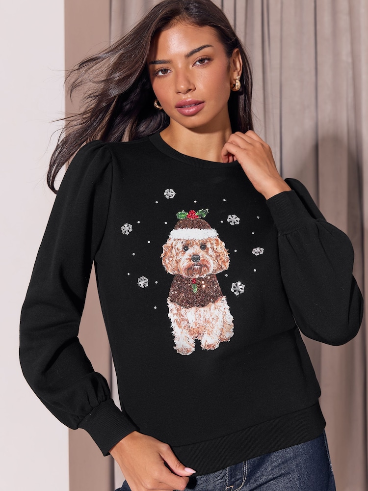 Lipsy Black Cockapoo Christmas Crew Neck Sweatshirt - Image 1 of 5