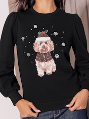 Lipsy Black Cockapoo Christmas Crew Neck Sweatshirt - Image 2 of 5