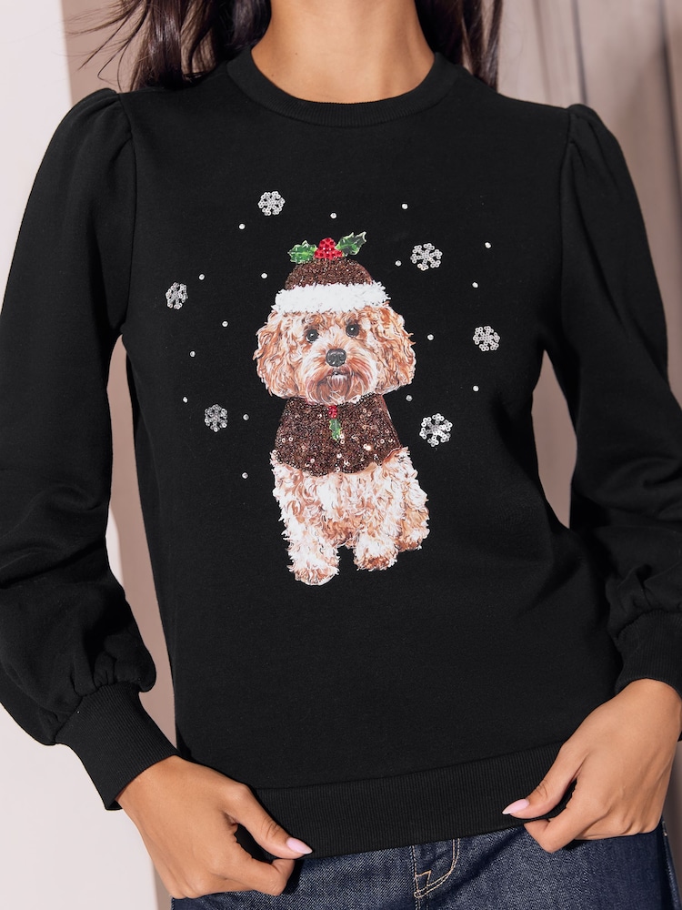 Lipsy Black Cockapoo Christmas Crew Neck Sweatshirt - Image 2 of 5