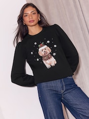 Lipsy Black Cockapoo Christmas Crew Neck Sweatshirt - Image 4 of 5