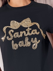 Lipsy Black and Gold Santa Baby Christmas Embellished Crew Neck T-Shirt - Image 2 of 4