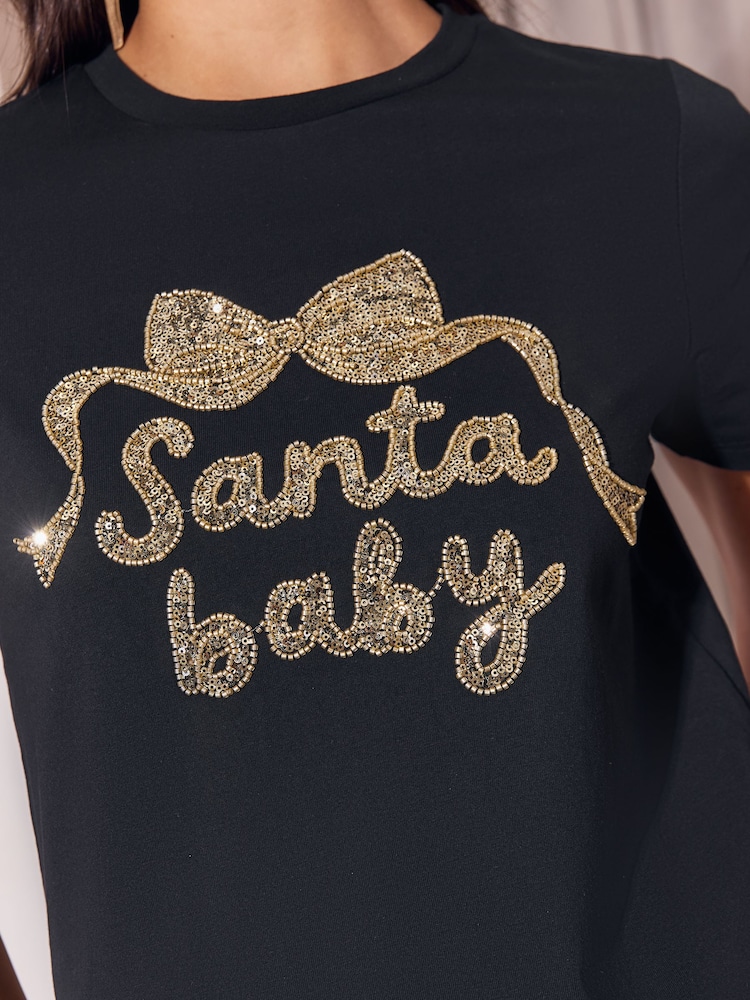 Lipsy Black and Gold Santa Baby Christmas Embellished Crew Neck T-Shirt - Image 2 of 4