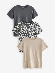 Animal Print/Natural Neutral/Grey 100% Cotton Essential Crew Neck T-Shirts 3 Pack - Image 1 of 9