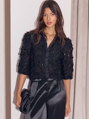 Lipsy Black Sequin 3D Floral Textured Puff Sleeve Shirt - Image 1 of 5