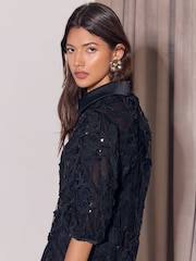 Lipsy Black Sequin 3D Floral Textured Puff Sleeve Shirt - Image 3 of 5