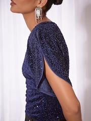 Lipsy Navy Blue Sequin Embellished Neck Split Sleeve T-Shirt - Image 4 of 6