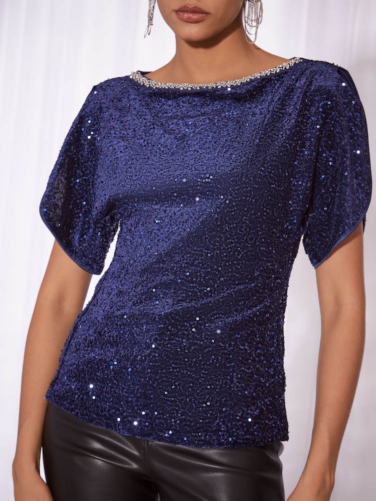 Lipsy Navy Blue Sequin Embellished Neck Split Sleeve T-Shirt - Image 6 of 6