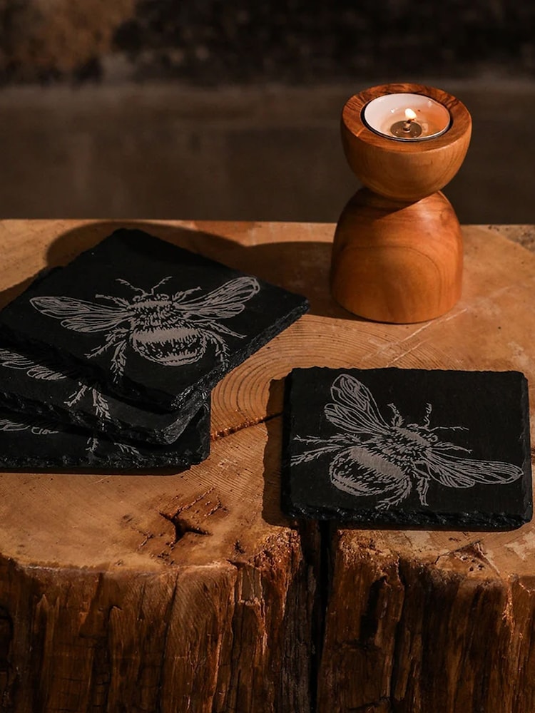 Selbrae House Set of 4 Black Bee Slate Coasters - Image 1 of 6 Selbrae House Set of 4 Black Bee Slate Coasters - Image 1 of 6