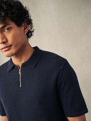 Navy Blue Regular Fit Knitted Bubble Textured 100% Cotton Polo Shirt - Image 1 of 4