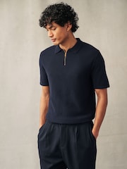 Navy Blue Regular Fit Knitted Bubble Textured 100% Cotton Polo Shirt - Image 2 of 4