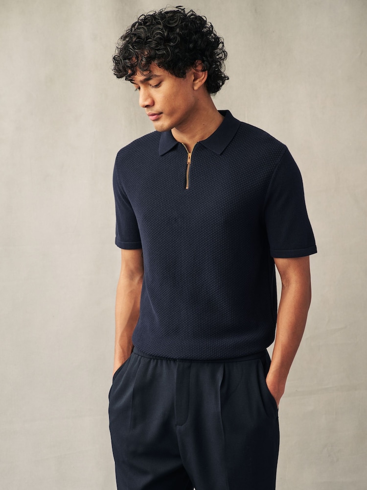Navy Blue Regular Fit Knitted Bubble Textured 100% Cotton Polo Shirt - Image 2 of 4