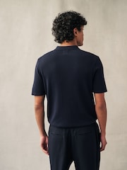 Navy Blue Regular Fit Knitted Bubble Textured 100% Cotton Polo Shirt - Image 4 of 4