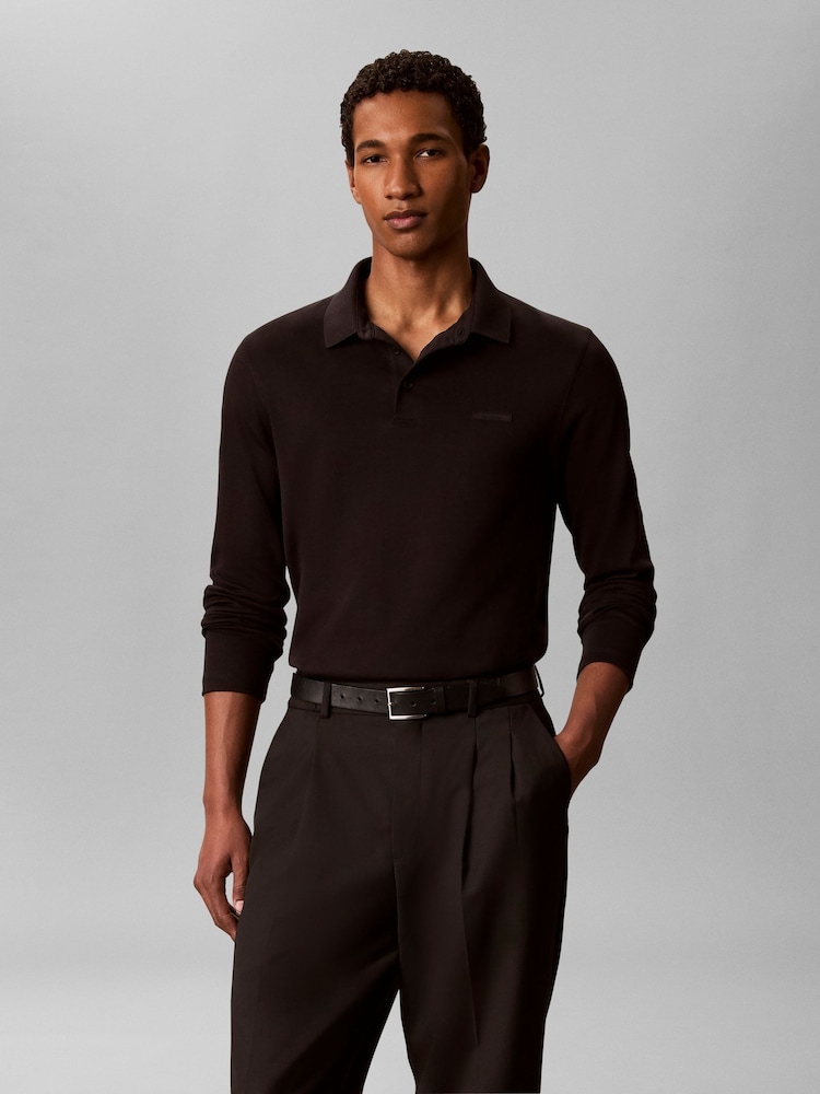 Crno - Calvin Klein Slim Cotton Long Sleeve Polo Shirt - Slika 1 od 6
