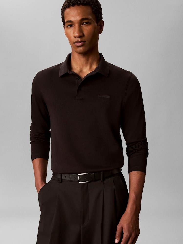 Crno - Calvin Klein Slim Cotton Long Sleeve Polo Shirt - Slika 2 od 6