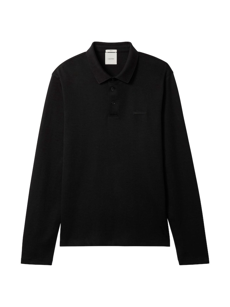 Crno - Calvin Klein Slim Cotton Long Sleeve Polo Shirt - Slika 6 od 6