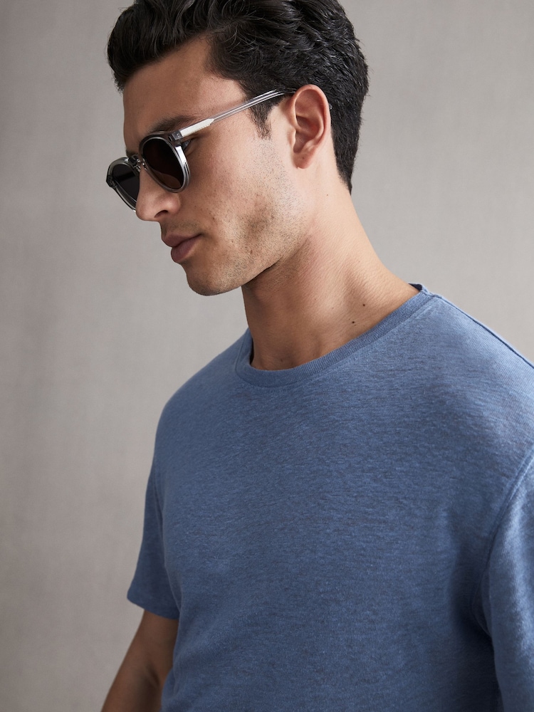 Reiss Dove Blue Venice Linen Crew Neck T-Shirt - Image 1 of 5