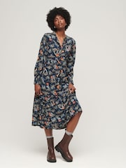Superdry Blue Long Sleeve Tiered Midi Dress - Image 1 of 6