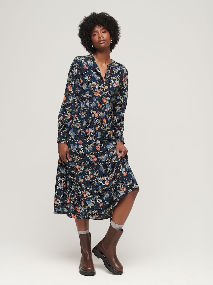 Superdry Blue Long Sleeve Tiered Midi Dress - Image 1 of 6