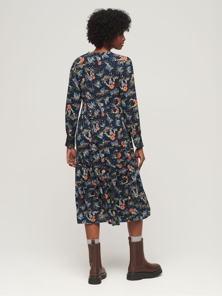 Superdry Blue Long Sleeve Tiered Midi Dress - Image 2 of 6