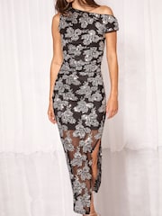 Lipsy X Samie Elishi Black/Silver Mesh Sequin Slash Neck Ruched Top - Image 4 of 7