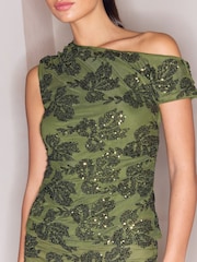 Lipsy X Samie Elishi Olive Green Mesh Sequin Slash Neck Ruched Top - Image 5 of 6