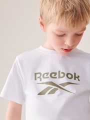 Reebok Junior Logo 100% Cotton White/Khaki T-Shirt and Shorts Set - Image 7 of 10