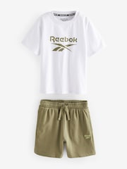 Reebok Junior Logo 100% Cotton White/Khaki T-Shirt and Shorts Set - Image 8 of 10