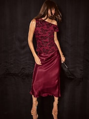 Lipsy X Samie Elishi Burgundy Red Mesh Sequin Slash Neck Ruched Top - Image 5 of 7