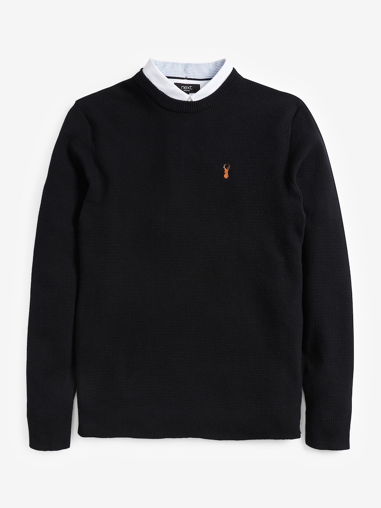 Black Oxford Crew Neck Regular Mock Shirt Jumper - Image 6 of 8