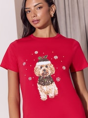 Lipsy Red Cockapoo Christmas Embellished Crew Neck T-Shirt - Image 3 of 5
