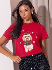 Lipsy Red Cockapoo Christmas Embellished Crew Neck T-Shirt - Image 5 of 5