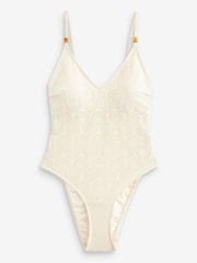 Ecru White Textured Tummy Control Textured Plunge Shaping Swimsuit - Image 7 of 7