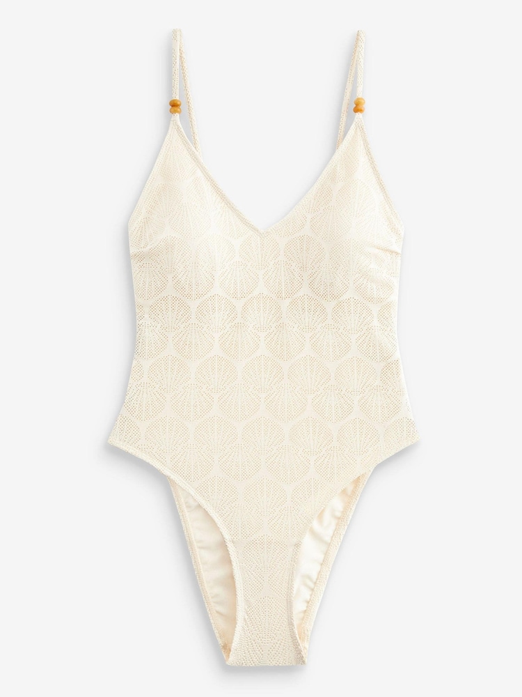 Ecru White Textured Tummy Control Textured Plunge Shaping Swimsuit - Image 7 of 7