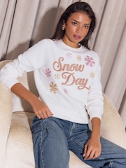 Lipsy White Snow Day Christmas Crew Neck Sweatshirt - Image 1 of 5