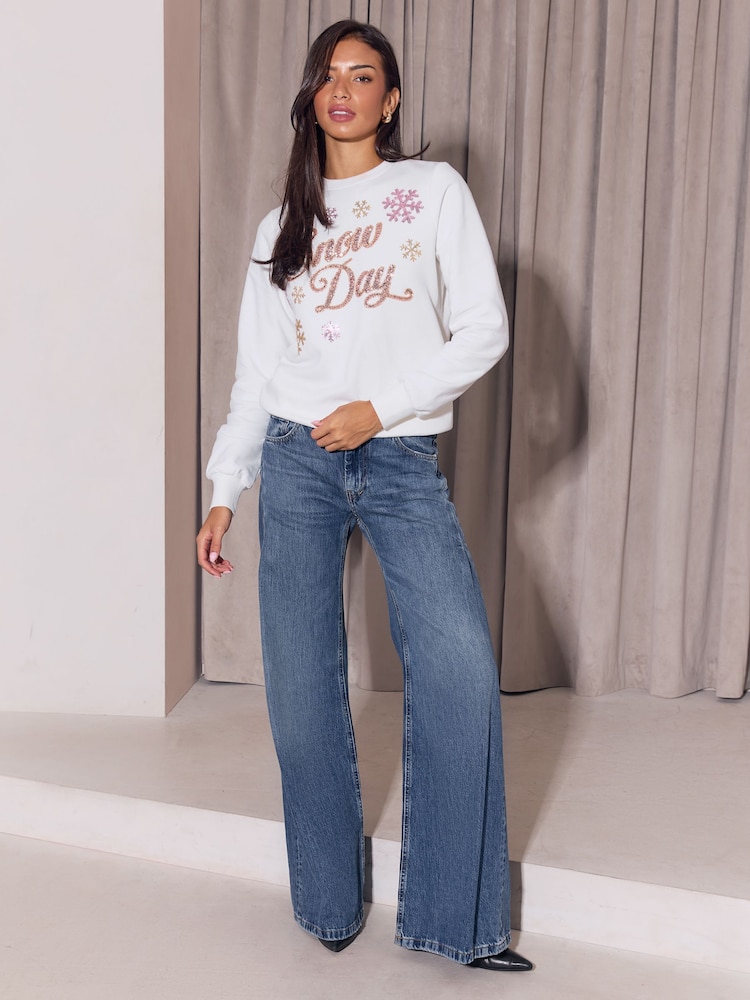 Lipsy White Snow Day Christmas Crew Neck Sweatshirt - Image 2 of 5