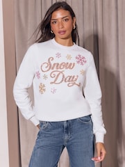 Lipsy White Snow Day Christmas Crew Neck Sweatshirt - Image 3 of 5