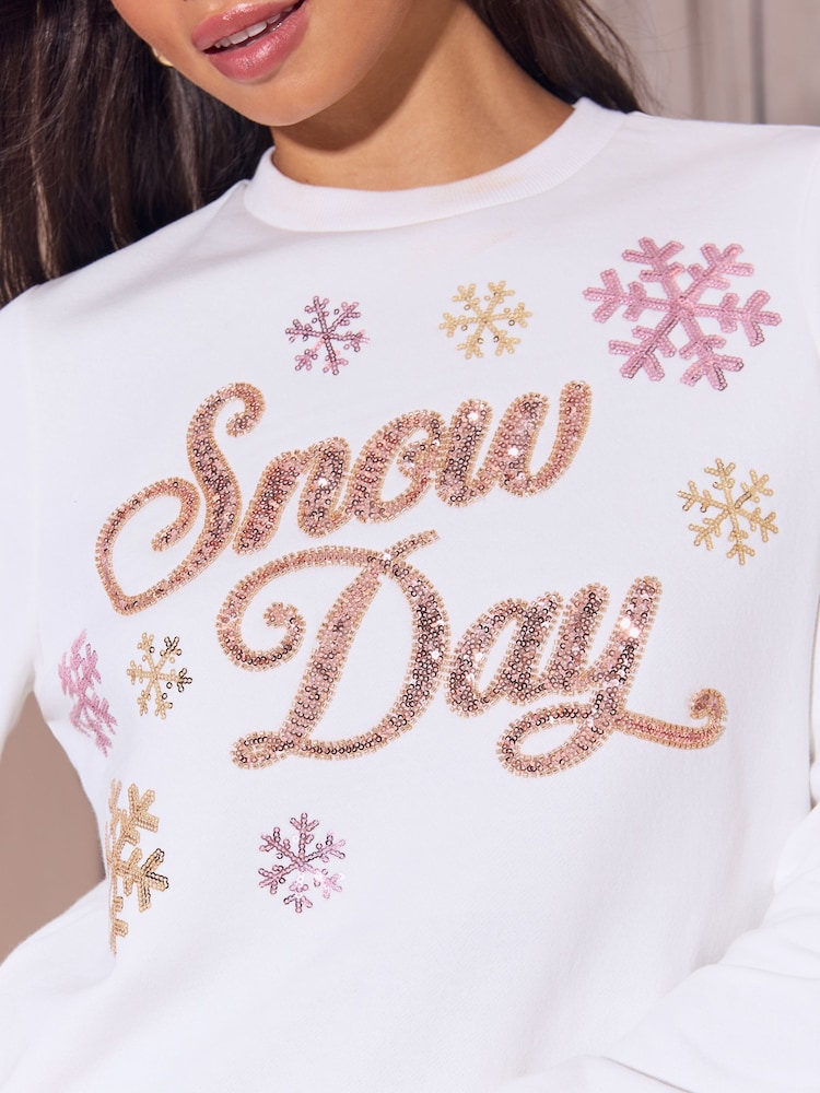 Lipsy White Snow Day Christmas Crew Neck Sweatshirt - Image 5 of 5