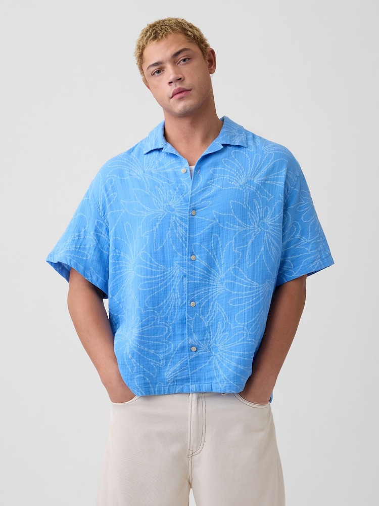 Gap Blue Floral Gauze Boxy Holiday Shirt - Image 1 of 5