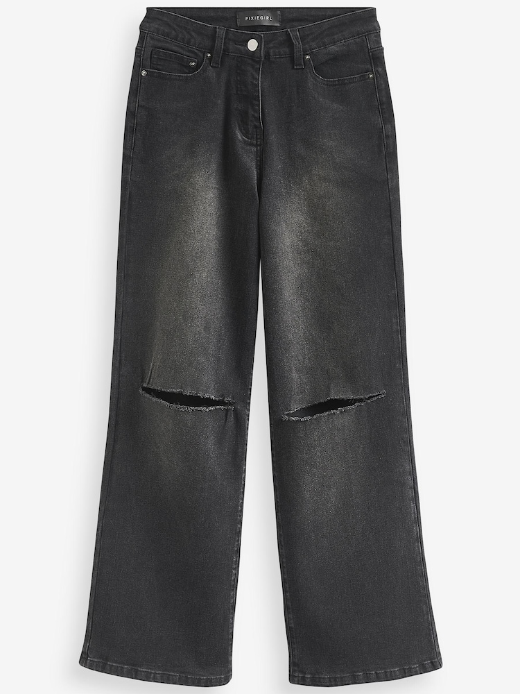 PixieGirl Petite Black Distressed Stretch Wide Leg Jeans - Image 3 of 3 PixieGirl Petite Black Distressed Stretch Wide Leg Jeans - Image 3 of 3