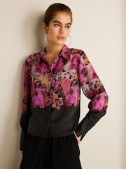 Purple/Black Floral Placement Sheer Placement Print Long Sleeve Shirt - Image 1 of 6