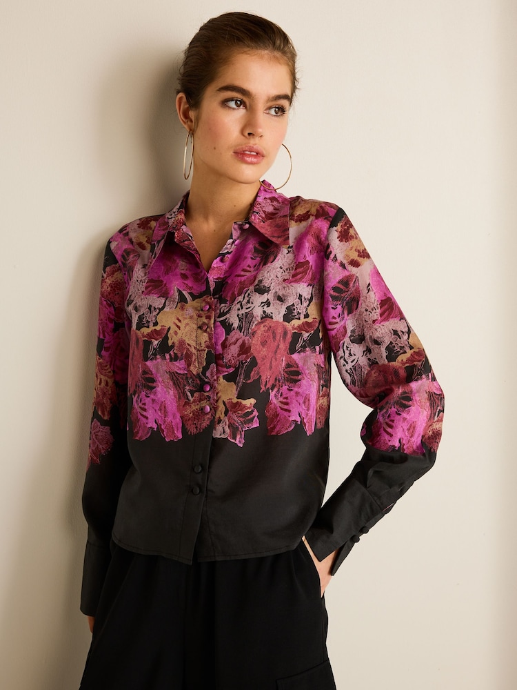 Purple/Black Floral Placement Sheer Placement Print Long Sleeve Shirt - Image 1 of 6